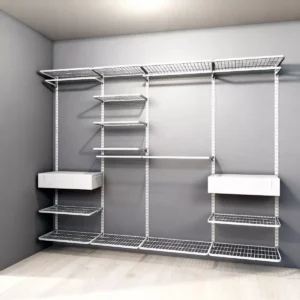 A foto ilustra um closet modular planejado para ambientes úmidos na cor branca, com pagamento somente na entrega.